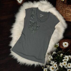 Willi Smith Green Metallic Beaded Embellished Cap Sleeve Cotton T-shirt Small
